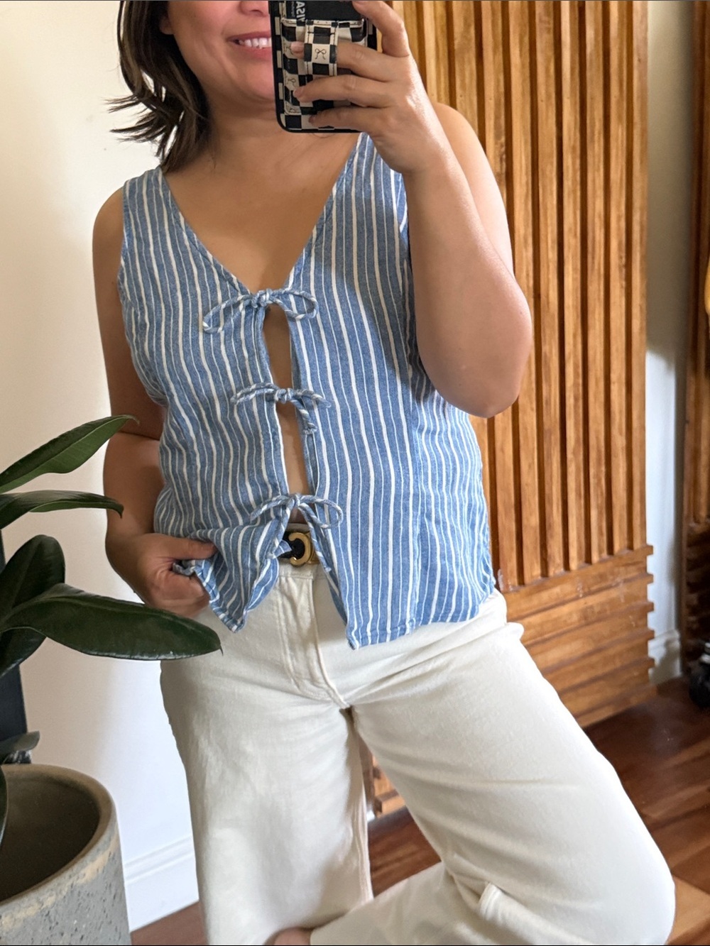 A new Day Linen Blend Tie Front Striped Top. S